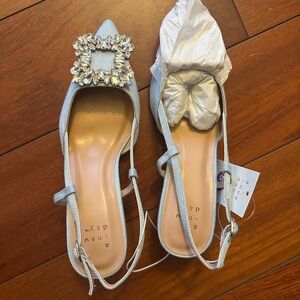 Amina Muaddi Light Blue Crystal Flats